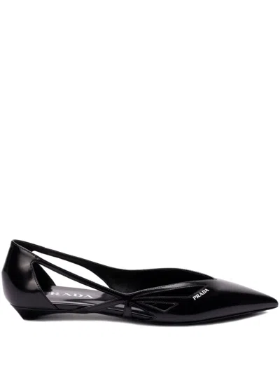 Prada Leather Ballerinas With Pointed Toe And Cut-out Design In Black