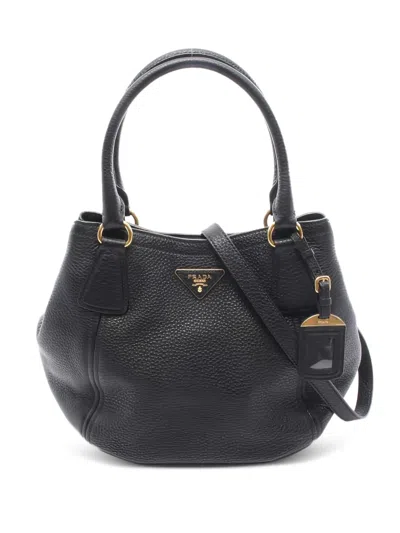 Pre-owned Prada 1910s Triangle Logo Leather Tote Bag In Black