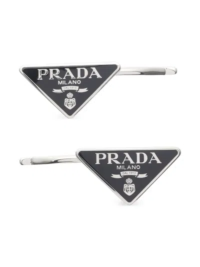 Pre-owned Prada 1920s Fermagli Enamel Triangle Logo Hairpin In Silver