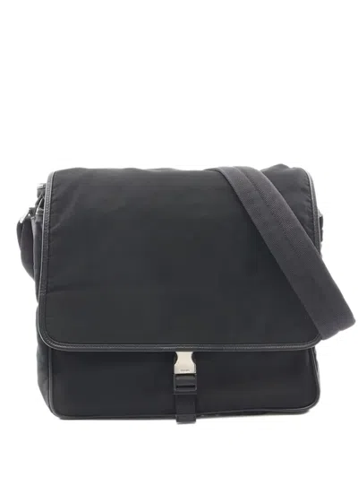Pre-owned Prada 1990-2000 Saffiano Trimmed Tessuto Buckle Messenger Bag Crossbody Bag In Black