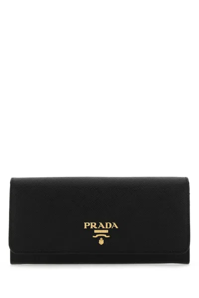 Prada 19cm Leather Wallet With Golden Metal Finishing, 10cm Height, 2cm Depth In Black