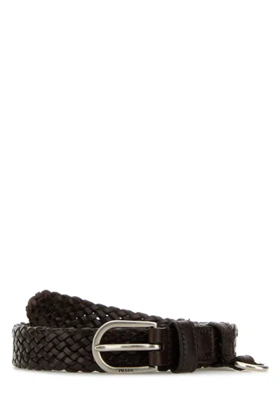 Prada 2 Cm Leather Belt With Silver Metal Finishing In Brown