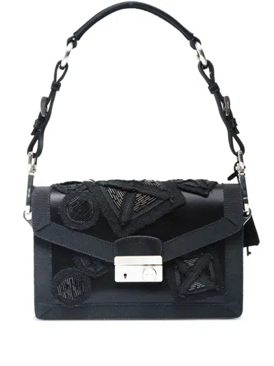 Pre-owned Prada 2000-2010 Satin Bead-embroidered Shoulder Bag In Black