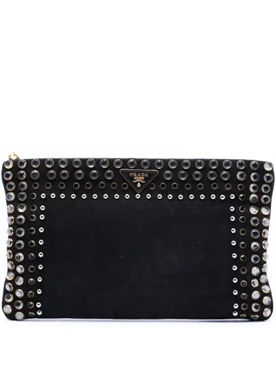 Pre-owned Prada 2000-2013 Canvas Canapa Studded Vernice Clutch Bag In Black