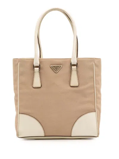 Pre-owned Prada 2000-2013 Cinghiale Trimmed Canvas Canapa Tote Bag In Brown