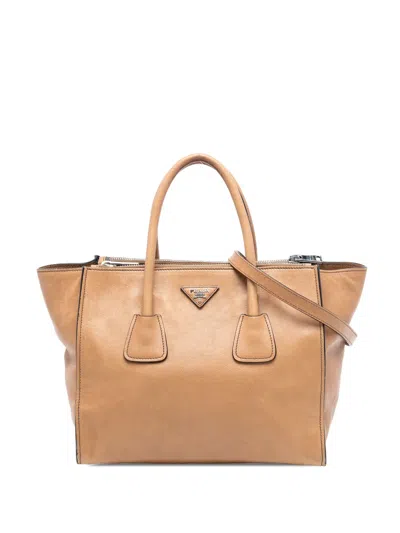 Pre-owned Prada 2000-2013 Glace Calf Twin Pocket Double Handle Satchel In Brown