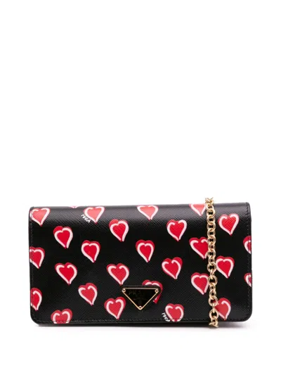 Pre-owned Prada 2000-2013 Saffiano Heart Print Wallet On Chain Crossbody Bag
