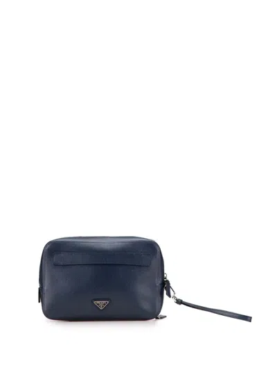 Pre-owned Prada 2000-2013 Saffiano Portfolio Zip Clutch Bag In Blue