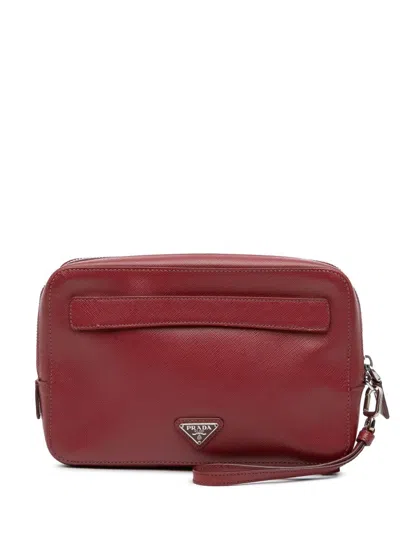 Pre-owned Prada 2000-2013 Saffiano Portfolio Zip Clutch Bag In Red