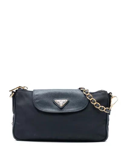 Pre-owned Prada 2000-2013 Saffiano Trimmed Tessuto Chain Crossbody Bag In Black