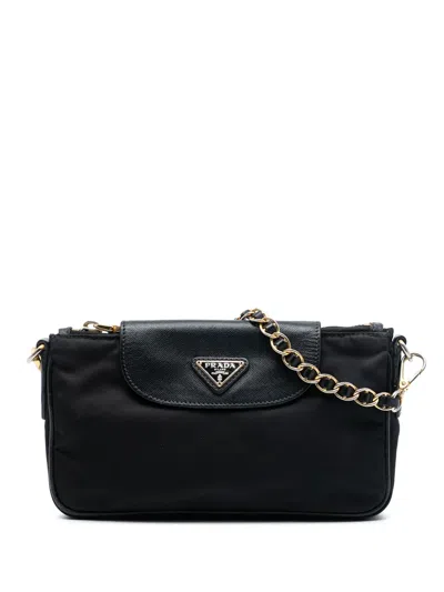 Pre-owned Prada 2000-2013 Saffiano Trimmed Tessuto Chain Crossbody Bag In Black