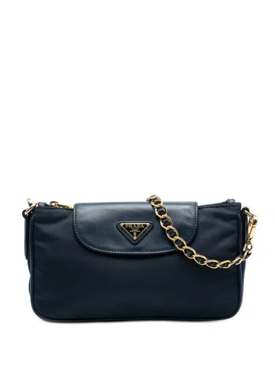 Pre-owned Prada 2000-2013 Saffiano Trimmed Tessuto Chain Crossbody Bag In Blue