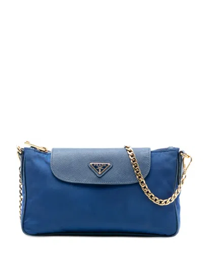 Pre-owned Prada 2000-2013 Saffiano Trimmed Tessuto Chain Crossbody Bag In Blue