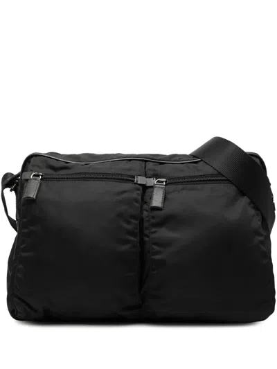 Pre-owned Prada 2000-2013 Saffiano Trimmed Tessuto Double Zip Crossbody Bag In Black