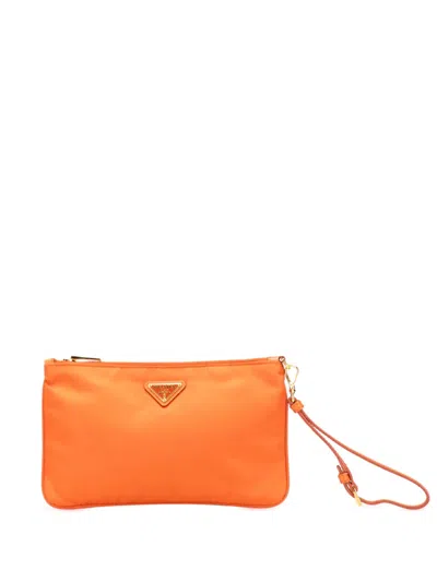 Pre-owned Prada 2000-2013 Saffiano Trimmed Tessuto Wristlet Zip Pouch In Orange