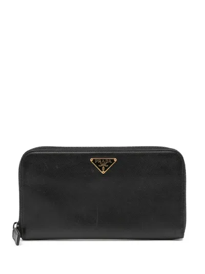 Pre-owned Prada 2000-2013 Saffiano Zip Around Wallet Long Wallets In Black