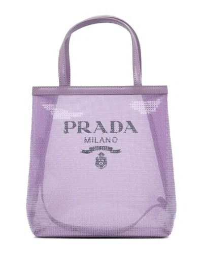 Pre-owned Prada 2000-2013 Small Sequined Mesh Logo Tote Bag In Purple