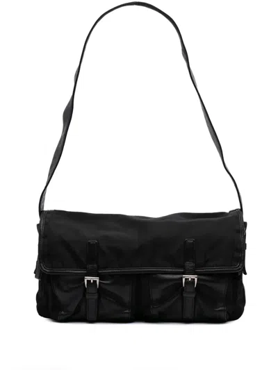 Pre-owned Prada 2000-2013 Tessuto And Nappa Double Buckle Messenger Bag Shoulder Bag In Black