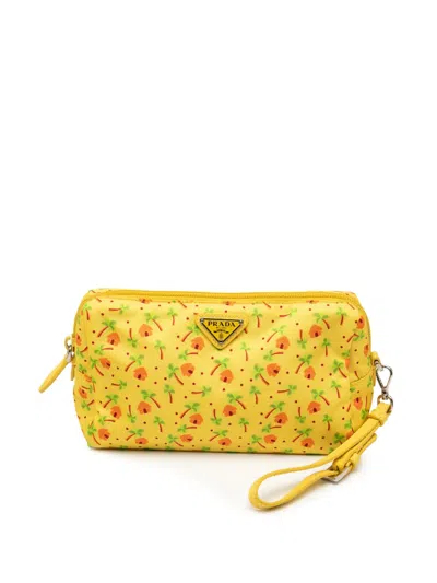 Pre-owned Prada 2000-2013 Tessuto Stampato Palm Cosmetic Pouch In Yellow