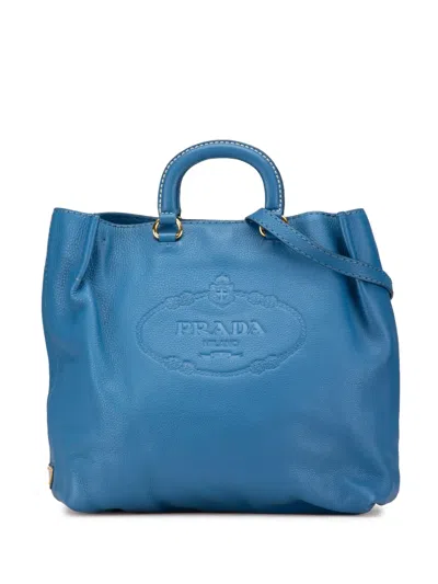 Pre-owned Prada 2000-2013 Vitello Daino Canapa Open Convertible Tote Satchel In Blue