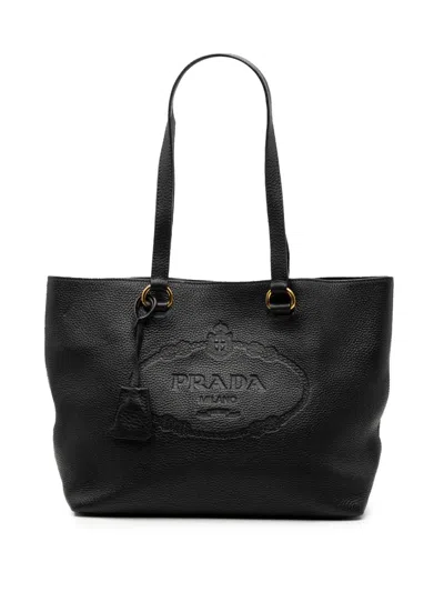 Pre-owned Prada 2000-2013 Vitello Daino Embossed Logo Tote Bag In Black