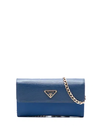 Pre-owned Prada 2000-2013 Vitello Move And Tessuto Wallet On Chain Crossbody Bag In Blue