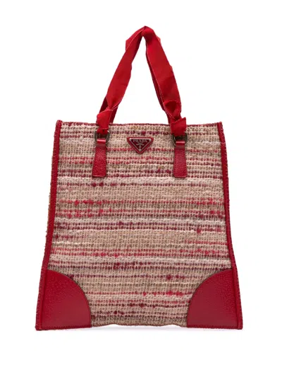 Pre-owned Prada 2000-2013 Vitello Trimmed Tweed Flat Tote Bag In Red