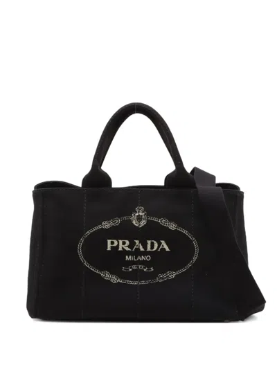 Pre-owned Prada 2000-2020 Canapa Denim M Tote Bag In Black