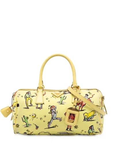 Pre-owned Prada 2000-2020 Canvas Canapa St Foula Stampato Satchel In Yellow