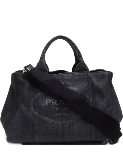 Pre-owned Prada 2000-2020 Medium Canapa Two-way Handbag In Black