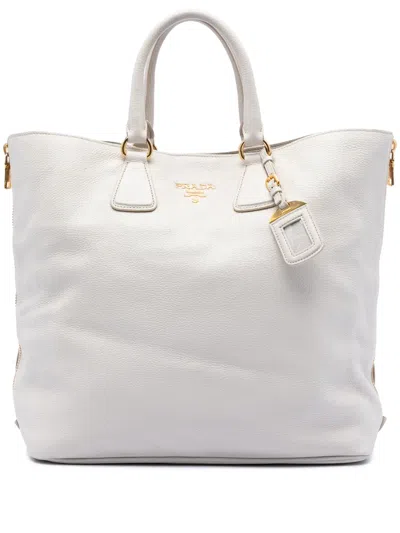 Pre-owned Prada 2000-2020 Vitello Daino Side Zip Open Convertible Tote Satchel In White
