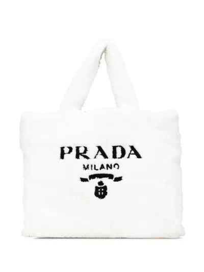 Pre-owned Prada 2000-2024 Spugna Terry Cloth Logo Tote Bag In White
