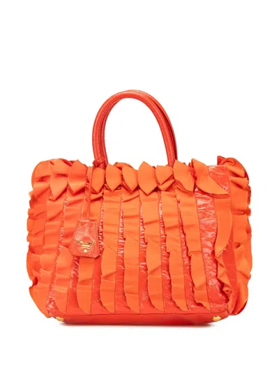 Pre-owned Prada 2000-2024 Vernice And Tessuto Ruffle Tote Bag In Orange