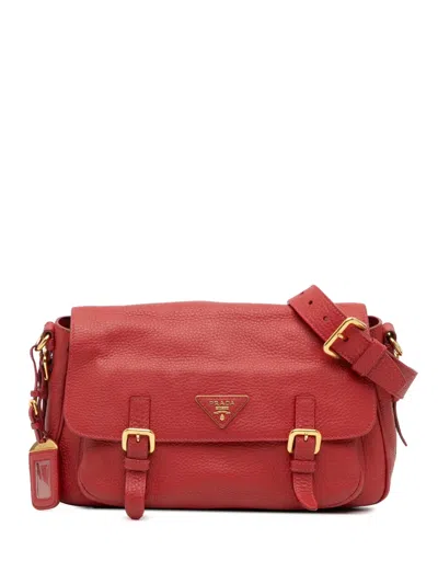 Pre-owned Prada 2000-2024 Vitello Daino Double Buckle Messenger Bag Crossbody Bag In Red