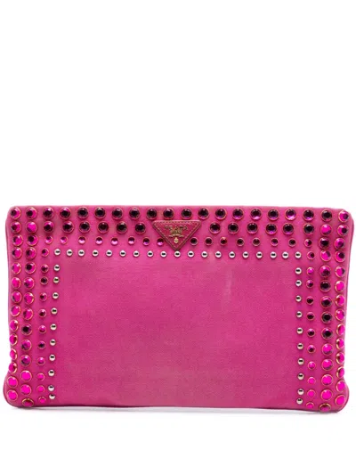 Pre-owned Prada 2000-2025 Canvas Canapa Studded Vernice Clutch Bag In Pink