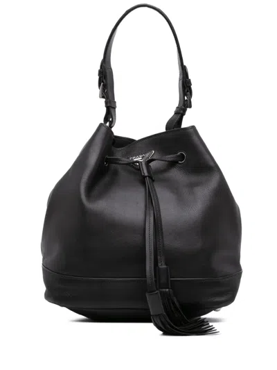 Pre-owned Prada 2000-2025 City Calf Drawstring Bucket Bag In Black