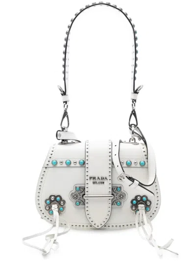 Pre-owned Prada 2000-2025 City Calf Studded Folk Corsiere Satchel In White