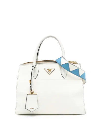 Pre-owned Prada 2000-2025 City Calf Trimmed Saffiano Greche Paradigme Bag Satchel In White