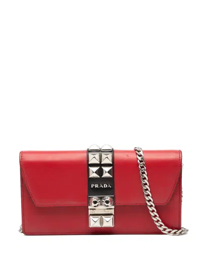 Pre-owned Prada 2000-2025 City Calfskin Studded Elektra Clutch With Chain Crossbody Bag In Red