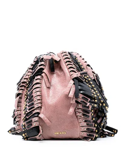 Pre-owned Prada 2000-2025 Craquele Leather Embellished Fringe Bucket Bag In Pink