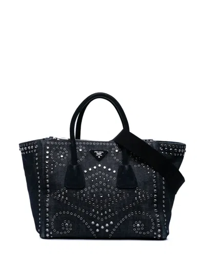 Pre-owned Prada 2000-2025 Denim Canapa Bijoux And Grommet Twin Pocket Tote Satchel In Blue