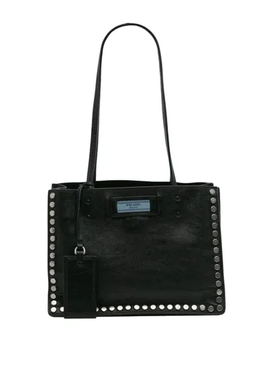 Pre-owned Prada 2000-2025 Glace Calf Studded Etiquette Tote Bag In Black