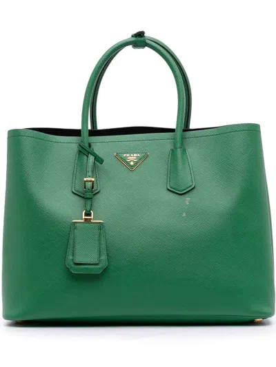 Pre-owned Prada 2000-2025 Large Saffiano Cuir Double Satchel In Green