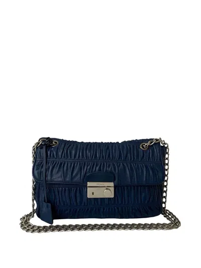 Pre-owned Prada 2000-2025 Medium Nappa Gaufre Sound Lock Shoulder Bag In Blue