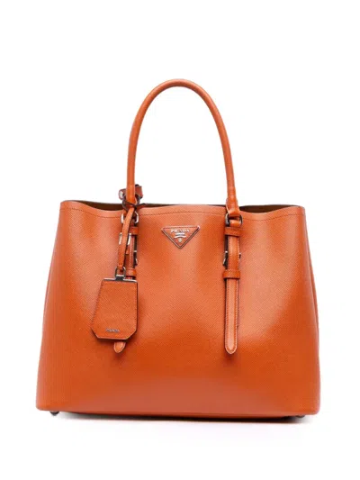 Pre-owned Prada 2000-2025 Medium Saffiano Cuir Double Satchel In Orange