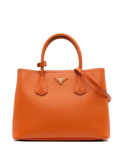 Pre-owned Prada 2000-2025 Medium Saffiano Cuir Double Satchel In Orange