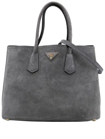 Pre-owned Prada 2000-2025 Medium Scamosciato Double Satchel In Gray