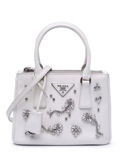 Pre-owned Prada 2000-2025 Mini Saffiano Lux Crystal Embellished Galleria Double Zip Satchel In White