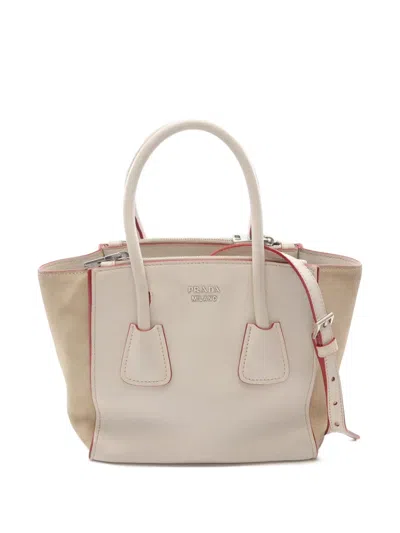 Pre-owned Prada 2000-2025 Mini Scamosciato Trimmed Glace Calf Twin Pocket Satchel In White