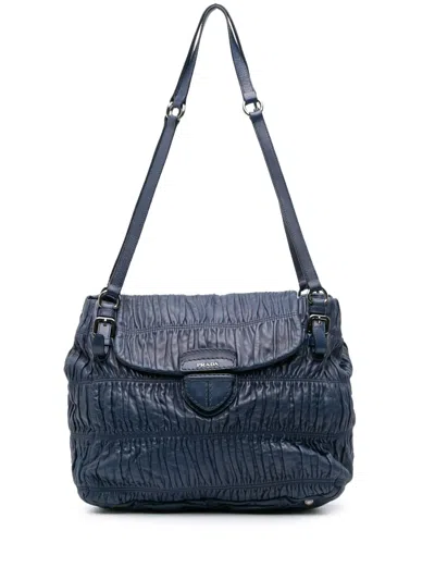 Pre-owned Prada 2000-2025 Nappa Gaufre Buckle Strap Shoulder Bag In Blue